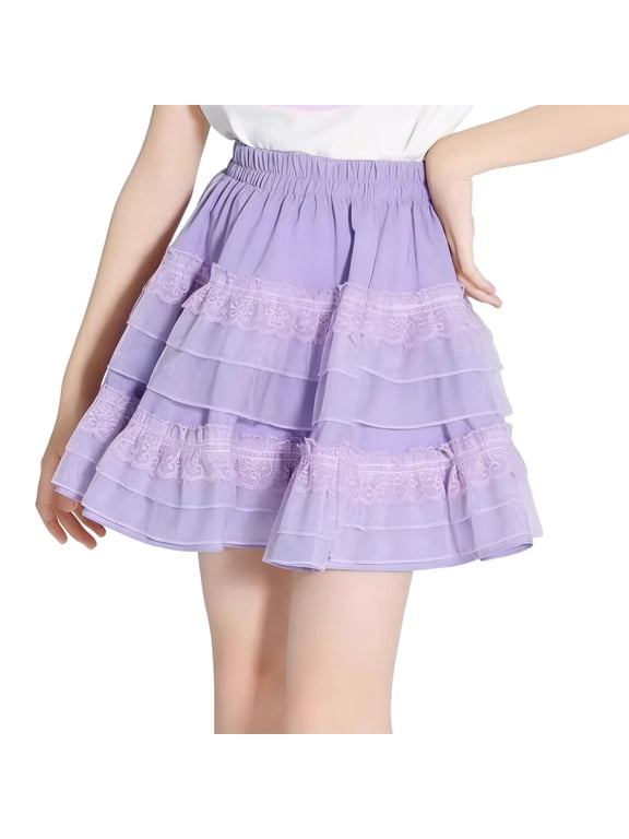Girls‘ Flare Tiered Skirt, High Waist with Elastic A-Line Mini with Lace Skirt for Dance Class and Dress Up 5-15 Years Purple 12-13Years