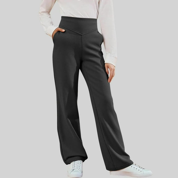 Girls Flare Wide Leg Sweatpants High Waisted Elastic Waist Bell Bottom Trousers with Pocket Casual Yoga Pants School Uniform Pants