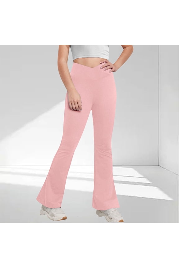 Girls Flare Yoga Leggings Cross High Waisted Dance Cute Activewear Kids Bell Bottoms Pants with Pockets 5-15 Years