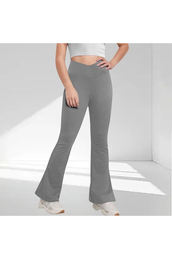 Girls Flare Yoga Leggings Cross High Waisted Dance Cute Activewear Kids Bell Bottoms Pants with Pockets 5-15 Years