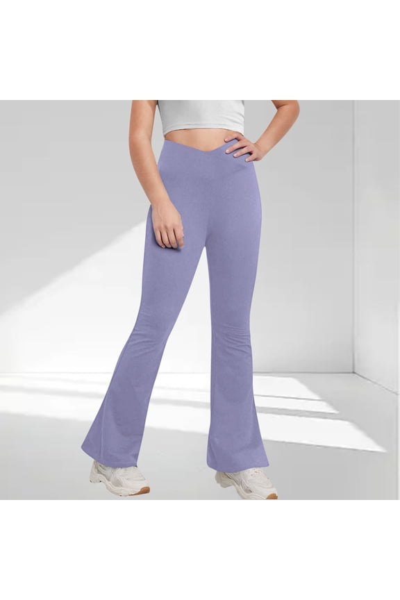 Girls Flare Yoga Leggings Cross High Waisted Dance Cute Activewear Kids Bell Bottoms Pants with Pockets 5-15 Years
