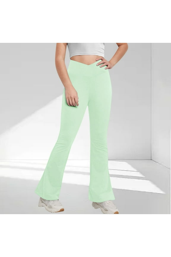 Girls Flare Yoga Leggings Cross High Waisted Dance Cute Activewear Kids Bell Bottoms Pants with Pockets 5-15 Years