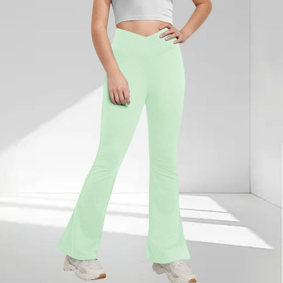 Girls Flare Yoga Leggings Cross High Waisted Dance Cute Activewear Kids Bell Bottoms Pants with Pockets 5-15 Years