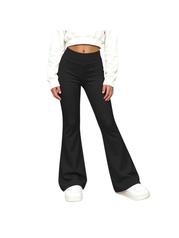 Girls Flare Yoga Pants Casual High Waist Wide Leg Stretch Kids Dance Pants Black 5T