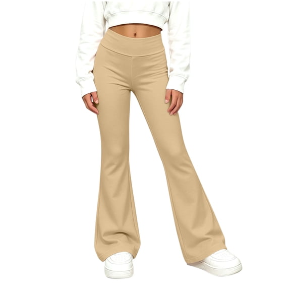 Girls Flare Yoga Pants Casual High Waist Wide Leg Stretch Kids Dance Pants Khaki 5T