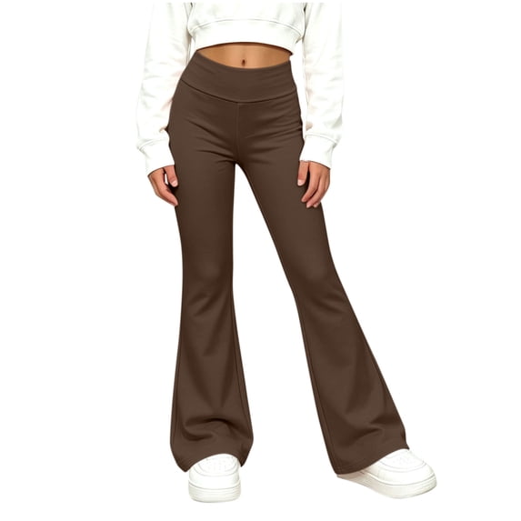Girls Flare Yoga Pants High Waist Wide Leg Stretch Casual Kids Dance Pants Brown 14