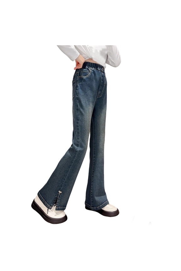 Girls Flared Bootcut Denim Jeans Stretch Full Length Casual Pants for Teens Juniors Kids Blue 3 Years-4 Years