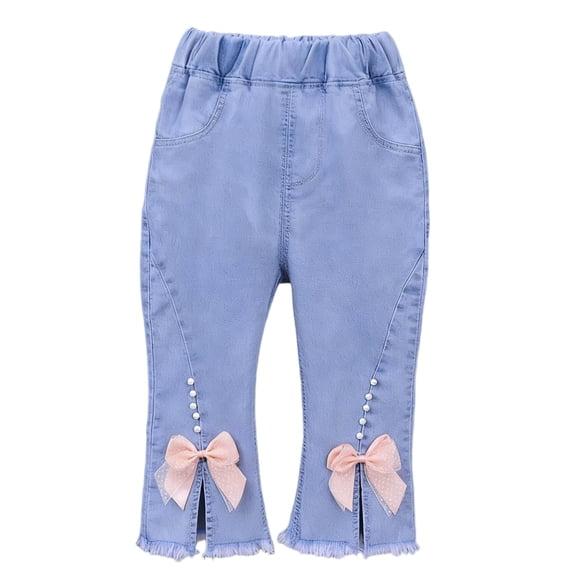 Girls Flared Jeans Elastic Waist Front Slit Solid Color Denim Pants Casual Trendy Capri Pant With Pockets (4-5 Years, Light Blue)
