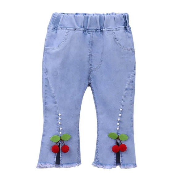 Girls Flared Jeans Elastic Waist Front Slit Solid Color Denim Pants Casual Trendy Capri Pant With Pockets (4-5 Years, Light Blue)