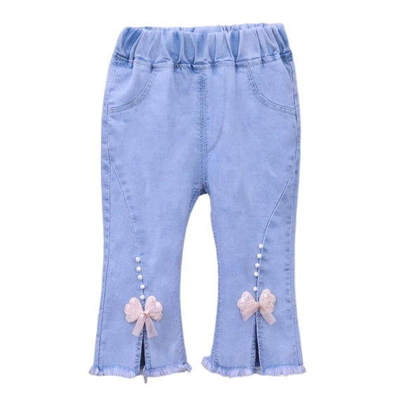 Girls Flared Jeans Elastic Waist Front Slit Solid Color Denim Pants Casual Trendy Capri Pant With Pockets (5-6 Years, Light Blue)