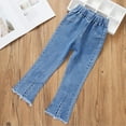 thumbnail image 1 of Girls Flared Jeans Frayed Raw Split Hem Denim Bell Bottom Pants Elastic Waist Jean Trousers with Pockets (12-13 Years, Light Blue), 1 of 3