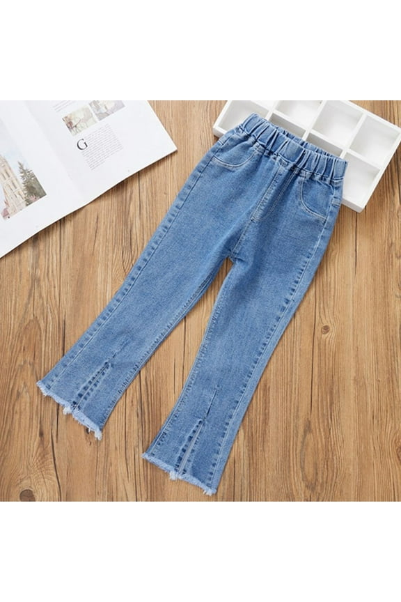 Girls Flared Jeans Frayed Split Hem Denim Bell Bottom Pants Elastic Waist Jean Trousers with Pockets (4-5 Years, Light Blue)