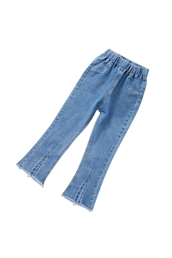 Girls Flared Jeans Raw Split Hem Denim Bell Bottom Pants Elastic Waist Jean Trousers with Pockets (10-11 Years, Light Blue)