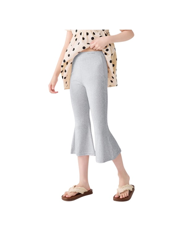 Girls Flared Leggings Elastic High Waist Solid Color Capri Pants Summer Causal Comfy Lightweight Clothes (13 Years, Gray)
