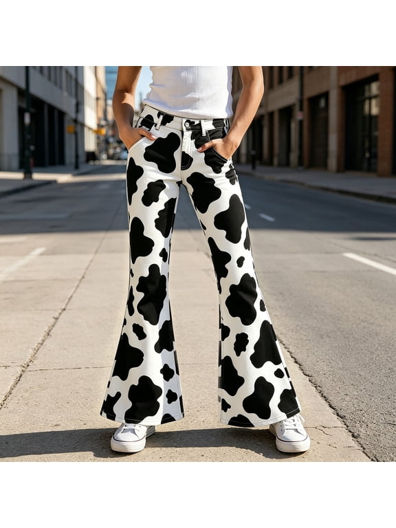 Girls Flared Pants Cute Cow Print Bell Bottoms Pants (White)