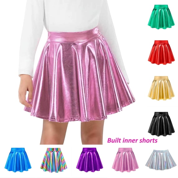 Girls Flared Skater Skirt Shiny Metallic Elastic Waist Flowy Skorts for Party Holiday Performance Event Kids Skirts 10-11Y