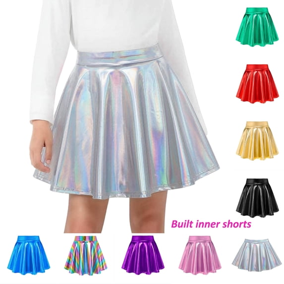 Girls Flared Skater Skirt Shiny Metallic Elastic Waist Flowy Skorts for Party Holiday Performance Event Kids Skirts 13-14Y