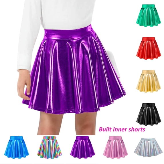 Girls Flared Skater Skirt Shiny Metallic Elastic Waist Flowy Skorts for Party Holiday Performance Event Kids Skirts 6-7Y