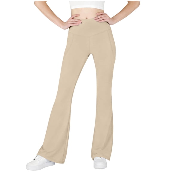 Girls Flared Yoga Pants with Pockets Soft Stretch High Waisted Dance Bell Bottoms Workout Gym Bootcut Trouser (10-11 Years, Khaki)