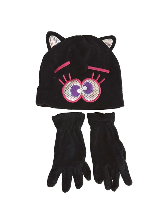 Girls Fleece Black Kitty Cat Beanie Stocking Cap Hat & Gloves Set