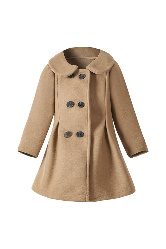 Girls Fleece Buttons Collar Coats Flare Bottom Peacoats Kids Plain Long Sleeve Warm Casual Jackets Soft Outwear