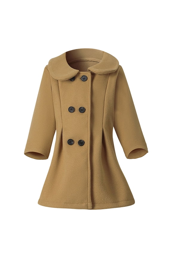 Girls Fleece Buttons Collar Coats Flare Bottom Peacoats Kids Plain Long Sleeve Warm Casual Jackets Soft Outwear