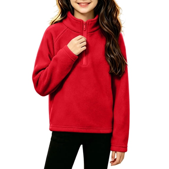 Girls Fleece Half Zip Sweatshirt Long Sleeve Turtleneck Warm Casual Kids Winter Pullover Tops Red 14