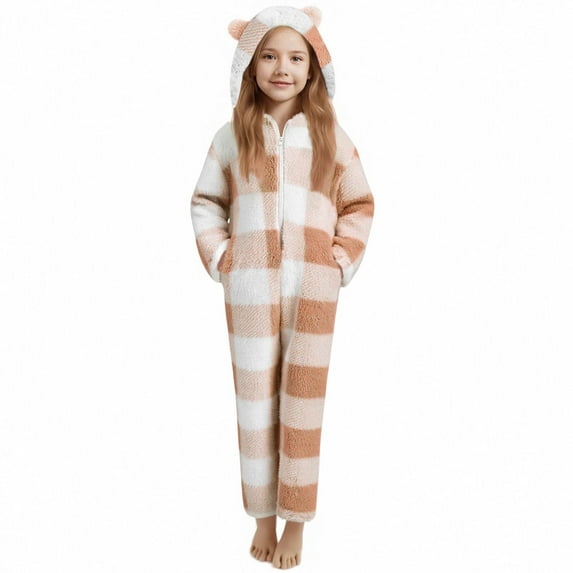 Girls Fleece Hooded Jumpsuit Fuzzy Flannel Winter Warm Plaid Rompers Casual Zip Up Bear Sleepwear Fashion Cute Loungewear with Pocket 5-15 Years