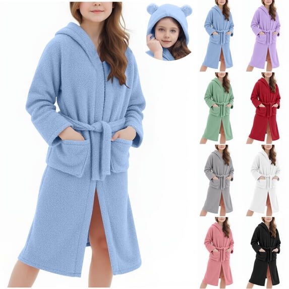 Girls Fleece Hooded Robes Winter Warm Plush Bath Robe for Kids Cute Soft Fuzzy Bathrobe Loungewear with Pocket & Belt