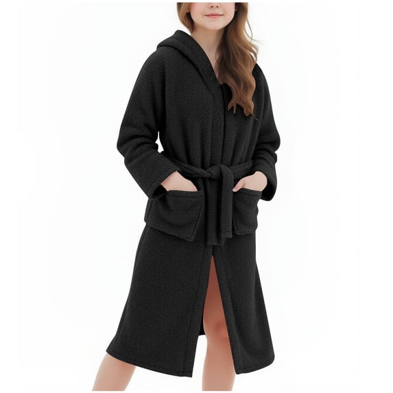 Girls Fleece Hooded Robes Winter Warm Plush Bath Robe for Kids Cute Soft Fuzzy Bathrobe Loungewear with Pocket & Belt