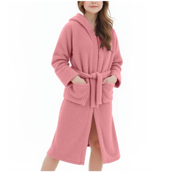 Girls Fleece Hooded Robes Winter Warm Plush Bath Robe for Kids Cute Soft Fuzzy Bathrobe Loungewear with Pocket & Belt