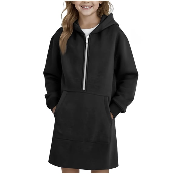 Girls Fleece Hoodie Dress Casual Long Sleeve Half Ziper Hooded Sweatshirts Dress Loose Cute Fall Outfits with Pockets 4-15 Years