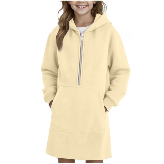 Girls Fleece Hoodie Dress Casual Long Sleeve Half Ziper Hooded Sweatshirts Dress Loose Cute Fall Outfits with Pockets 4-15 Years