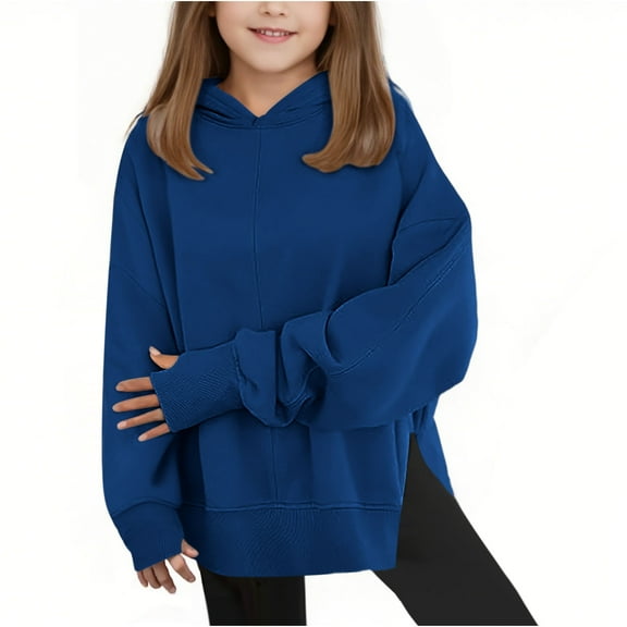 Girls Fleece Hoodies Casual Side Split Thumb Hole Sweatshirt Long Sleeve Solid Color Fall Winter Hooded Pullover Tops