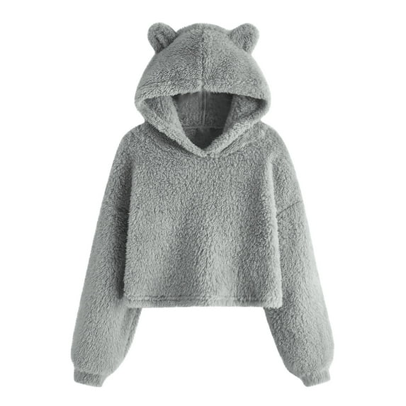 Girls Fleece Hoodies Cute Bear Ears Fuzzy Loose Sweatshirts Long Sleeve Hooded Cropped Sweaters 7-12 Years (10 Years, Gray)