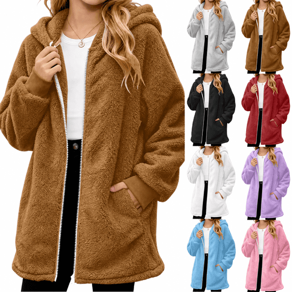 Girls Fleece Jacket Fuzzy Sherpa Hooded Zip Up Outwear Kids Long Sleeve Warm Fleece Coat with Pockets for 5-15 Years