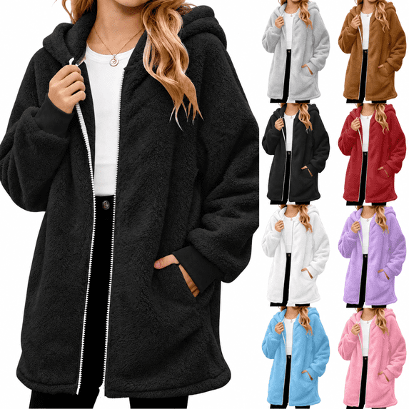 Girls Fleece Jacket Fuzzy Sherpa Hooded Zip Up Outwear Kids Long Sleeve Warm Fleece Coat with Pockets for 5-15 Years
