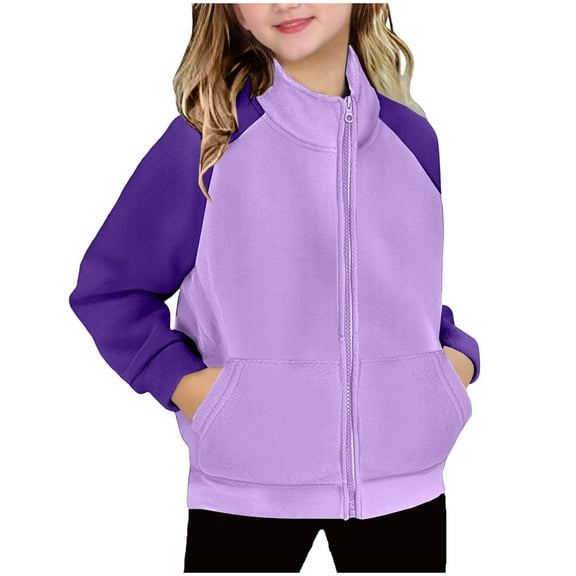 Girls' Fleece Jacket No Hood Color Block Fashion Warm Polar Sherpa Full Zip Mock Jacket Winter Coats with Pockets (12 Years, Purple)