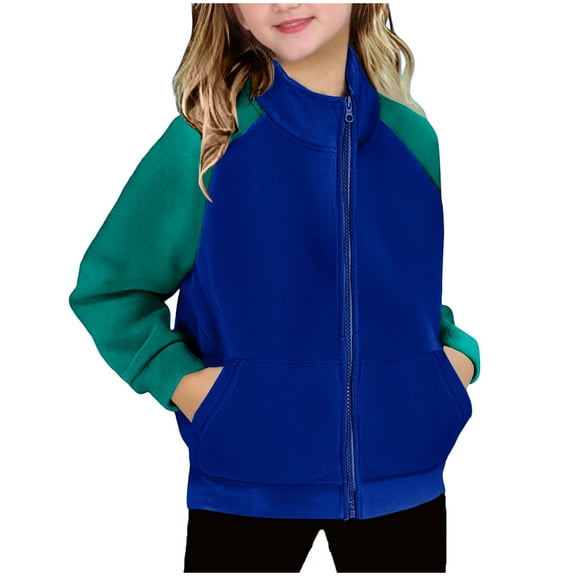 Girls' Fleece Jacket No Hood Color Block Fashion Warm Polar Sherpa Full Zip Mock Jacket Winter Coats with Pockets (2 Years, Blue)
