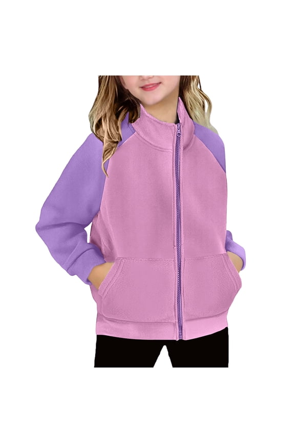 Girls' Fleece Jacket No Hood Color Block Fashion Warm Polar Sherpa Full Zip Mock Jacket Winter Coats with Pockets (3 Years, Pink)