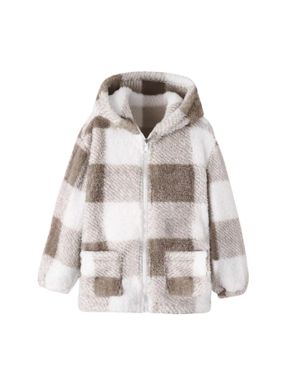 Girls Fleece Jacket Plaid Flannel Zip Up Hoodie Sherpa Lined Winter Warm Soft Hooded Coat with Pockets 8-14 Years