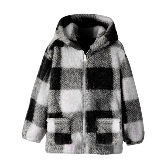 Girls Fleece Jacket Plaid Flannel Zip Up Hoodie Sherpa Lined Winter Warm Soft Hooded Coat with Pockets 8-14 Years