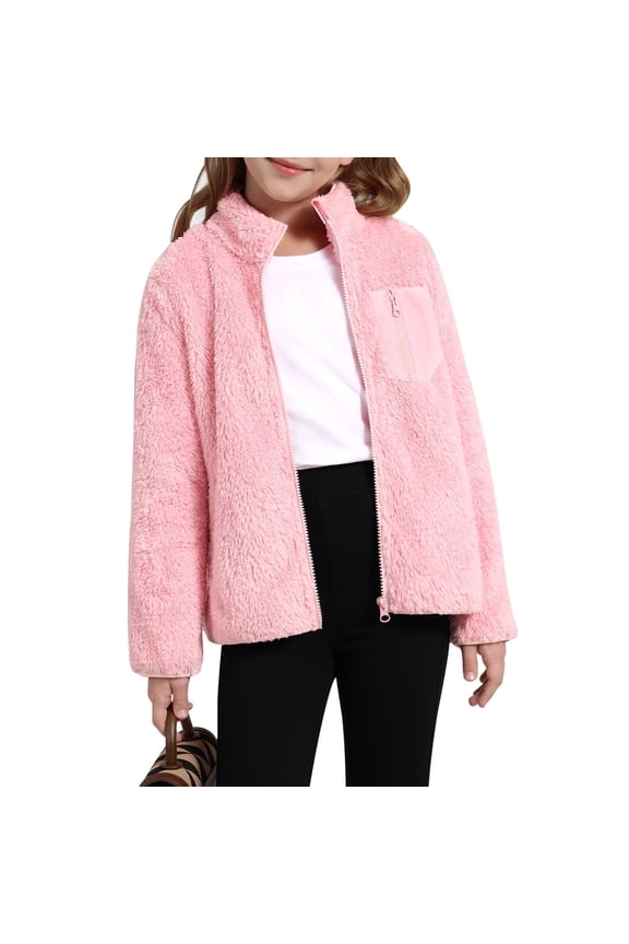 Girls Fleece Jacket, Solid Color Full Zip Plush Hooded Coat with Side Pockets, Warm & Soft Outerwear for School, Playground & Winter,Pink,100