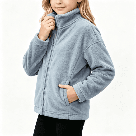Girls Fleece Jacket with Pockets Casual Warm Full Zip Turtleneck Kids Winter Hoodless Jackets Gray 12