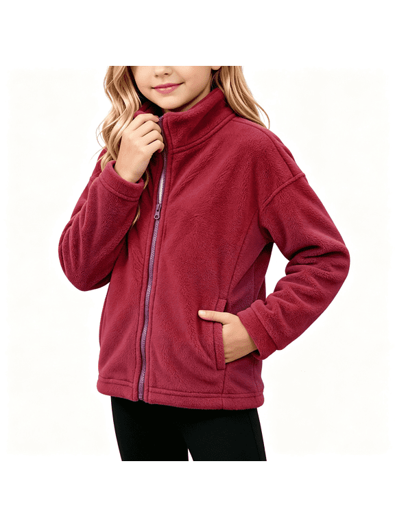 Girls Fleece Jacket with Pockets Full Zip Casual Warm Turtleneck Kids Winter Hoodless Jackets Red 6