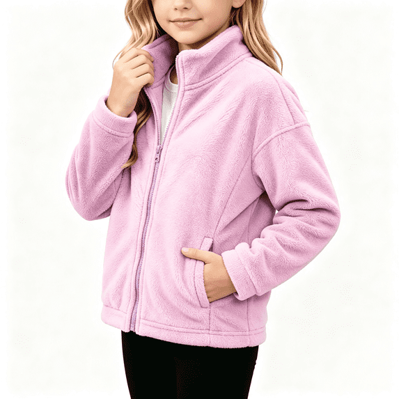 Girls Fleece Jacket with Pockets Full Zip Turtleneck Warm Casual Kids Winter Hoodless Jackets Pink 14