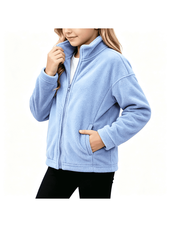 Girls Fleece Jacket with Pockets Turtleneck Warm Casual Full Zip Kids Winter Hoodless Jackets Light Blue 8