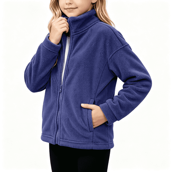 Girls Fleece Jacket with Pockets Warm Turtleneck Full Zip Casual Kids Winter Hoodless Jackets Navy 10
