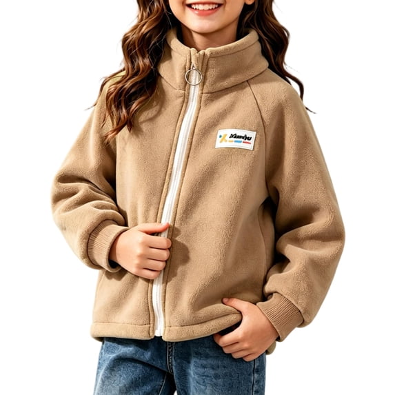 Girls Fleece Jackets Casual Full Zip Long Sleeve Turtleneck Warm Kids Winter Jacket Brown 12