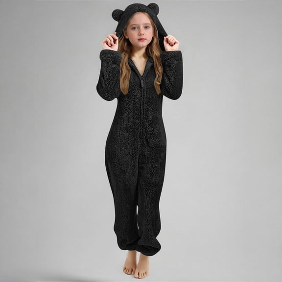 Girls Fleece Jumpsuits Kids Hooded Rompers Costume Fuzzy Cute Onesie Winter Clothes Warm Playsuit Jumper